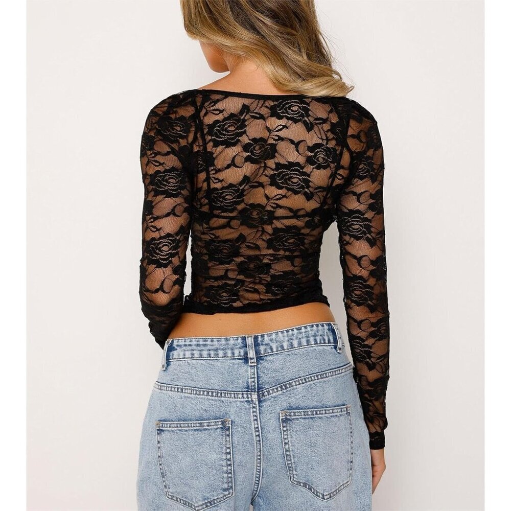 Women Y2K Lace Long Sleeve Top Mesh Sheer Crop Top Fairy Grunge Festival - Picture 7 of 7